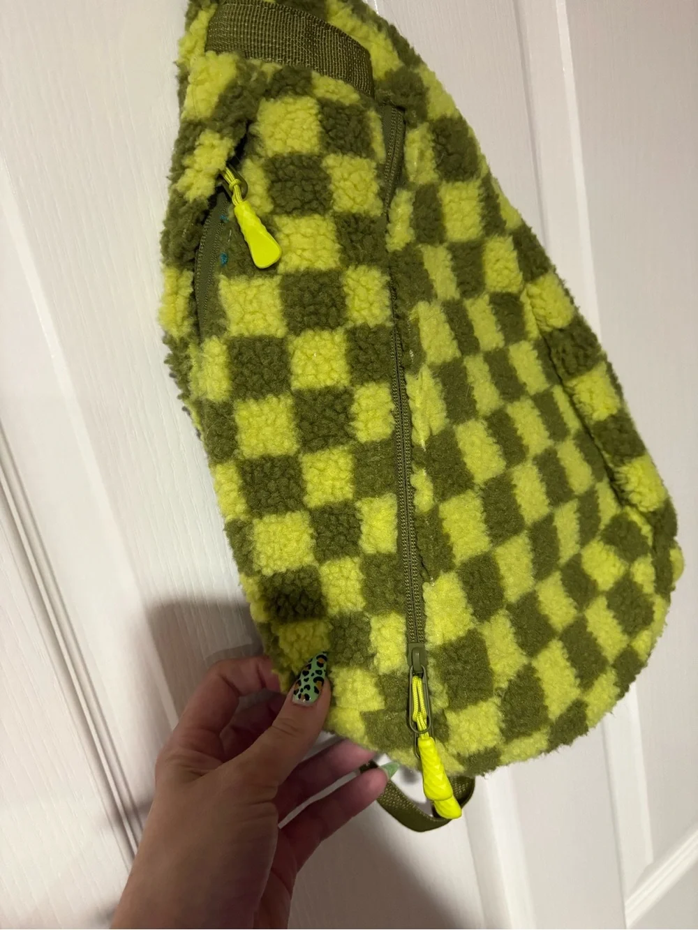 Checkerboard Olive Green Sherpa Crossbody Sling Bag